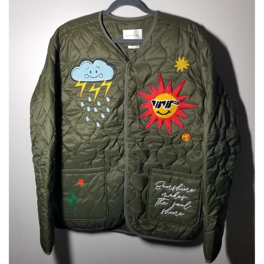 First Row LARGE Oversized Embroidered Puffer Jacket Olive Green NWT